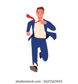 Businessman running to keep up with career race, to achieve business and financial goals, deadline. Busy entrepreneur runner holding briefcase, young man jumping in hurry cartoon
