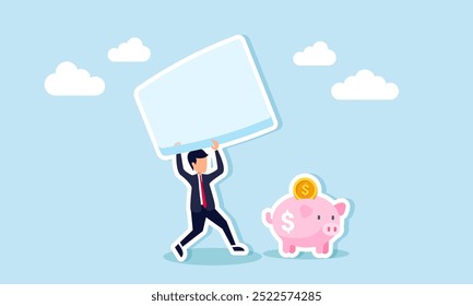 A businessman running with a large glass trying to catch a piggy bank, an illustration of the effort to increase investment assets for financial freedom