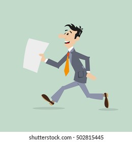 businessman running late. in the hands holding the document. vector illustration of cartoon