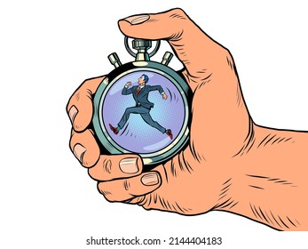 empresario que lleva un cronómetro deportivo tardío, medidor de velocidad. Las flechas del reloj son un instrumento preciso. Caricatura de historietas de dibujos retro de arte pop tipo vectorial 50s estilo vintage kitsch