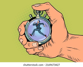businessman running late sports stopwatch, speed meter. Time clock arrows are an accurate instrument. Run Pop art retro vector illustration comic caricature 50s 60s style vintage kitsch