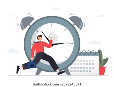 Businessman running late for work meeting, a businessman races against time, running on a giant alarm clock, time management concept, flat vector illustration