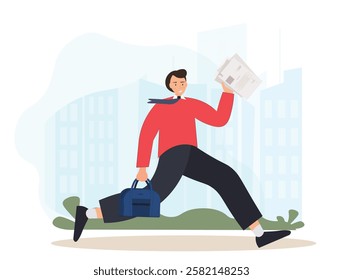 Businessman running late for work meeting, a businessman races against time, student hurry up for exam, time management concept, flat vector illustration