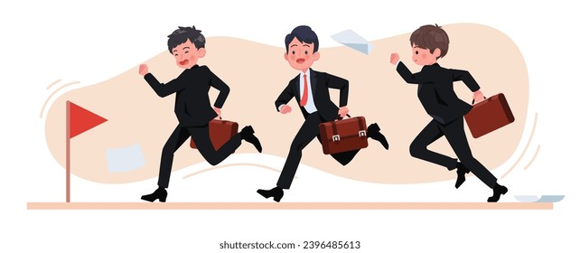 Businessman running with leader crossing the finish line.