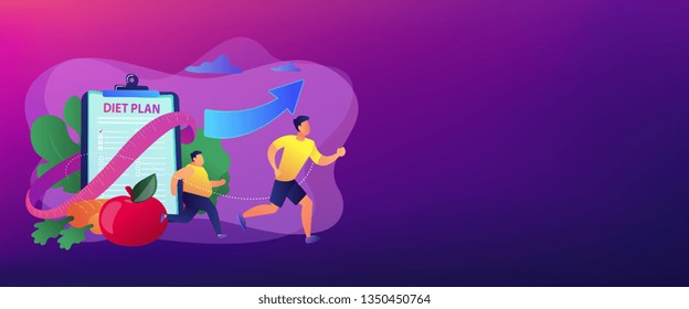 Businessman running and losing weight with diet plan and healthy food, tiny people. Weight loss diet, low-carb diet, healthy meal food concept. Header or footer banner template with copy space.