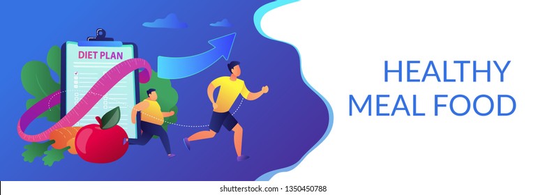 Businessman running and losing weight with diet plan and healthy food, tiny people. Weight loss diet, low-carb diet, healthy meal food concept. Header or footer banner template with copy space.