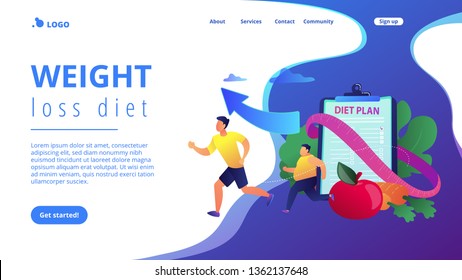 Businessman running and losing weight with diet plan and healthy food, tiny people. Weight loss diet, low-carb diet, healthy meal food concept. Website homepage landing web page template.