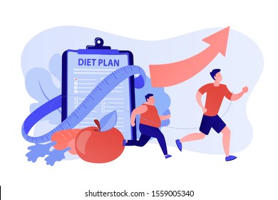 Businessman running and losing weight with diet plan and healthy food, tiny people. Weight loss diet, low-carb diet, healthy meal food concept. Pinkish coral bluevector isolated illustration