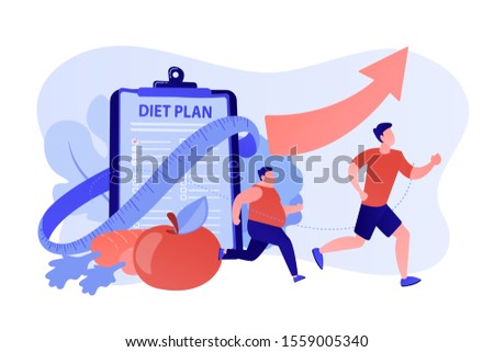 Businessman running and losing weight with diet plan and healthy food, tiny people. Weight loss diet, low-carb diet, healthy meal food concept. Pinkish coral bluevector isolated illustration