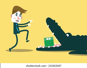 Businessman running to money in crocodile's mouth. Business and finance risk. flat design. vector illustration