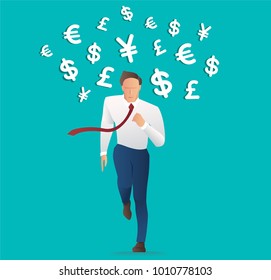 businessman running with money icon , Trendy isometric businessman, Concept business vector illustration.