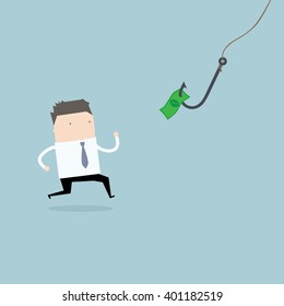Businessman running for the money on the hook.