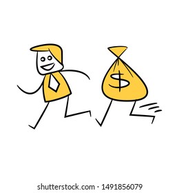 businessman running with money sack yellow stick figure design