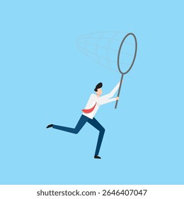 Businessman Running With a Net in an Animated Style on a Blue Background. Businessman character vector illustration
