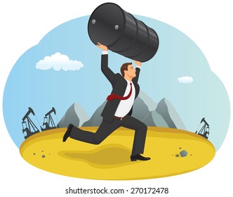 Businessman is running with the oil barrel through the desert