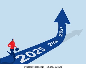 Empresário correndo em 2025,2026,2027 anos ir para o objetivo ou muito mais conceito ilustração de desenho animado vetor plano.