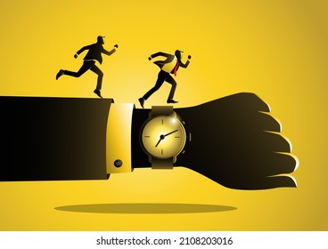 Businessman is running on along hand with wrist watch. Businessman rushing hurry to get on time.