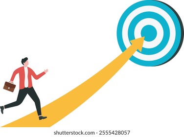 Businessman running on an arrow to achieve the target illustration. Success concept

