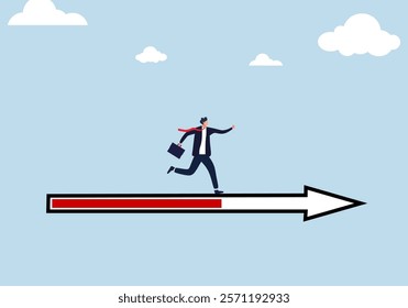 businessman running on the arrow bar. Progress or journey to success or achieve goal, business step or career path, mission or challenge to succeed, improvement concept, ambitious