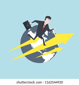 Businessman running on an arrow in front of Earth globe. 