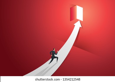Businessman running on arrow go to door in the red wall at light falls. illustration Vector