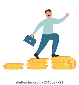 Businessman running on arrow up go to success.Leader top of the chart.Leadership to reach business success.Man running to the top stacks of coins. Business concept of achievement.