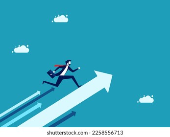 Businessman running on the arrow of progress. Career growth and advancement