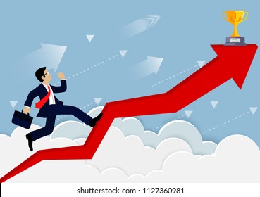 Businessman running on a arrow red. up to the sky. go to goal and business finance success. leadership. creative idea. Vector illustration