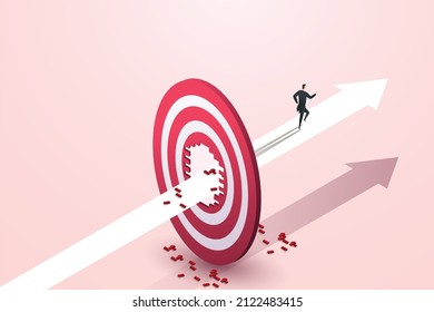 Businessman running on an arrow that breaks through goal. Beyond success in career and business Business. isometric vector illustration.