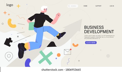 Businessman running on arrow through obstacles to his goal. Business developement, career success or growth and opportunity, startup concept banner, landing web page. Creative trendy character.
