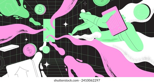 Businessman running on arrow through obstacles to his goal. Business developement, career success or growth and opportunity, startup concept banner, landing web page. Creative trendy character.