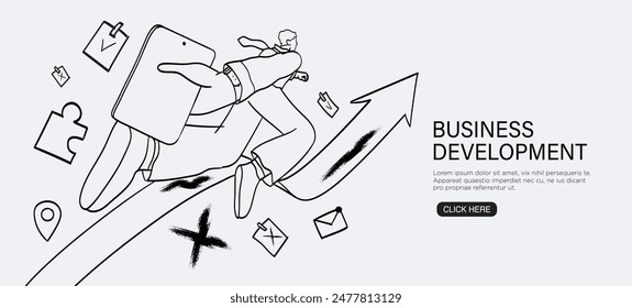 Businessman running on arrow through obstacles to his goal. Business developement, career success or growth and opportunity, startup concept banner, landing web page. Creative trendy character.