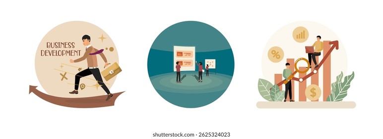 Businessman running on arrow through obstacles to his goal. Professionals actively engaging. Team collaborating to assess business growth metrics with graphs.
