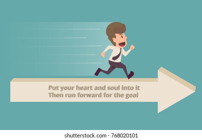 Businessman running on the arrow,running to success.cartoon of business success is the concept of the man characters business,the mood of people,can be used as a background, banner.illustration vector