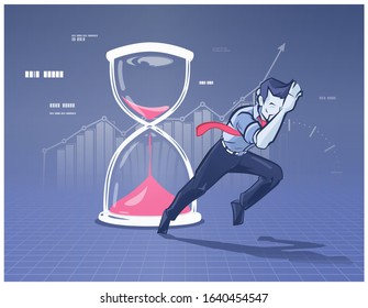 Businessman running on background of big hourglass and diagram. Man aiming be successful and making plans in time, reaching purpose. Time-management, life priorities, organizing work, right direction.