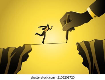 Businessman Running On Balancing Tight Rope As It Is Drawn By Big Hand