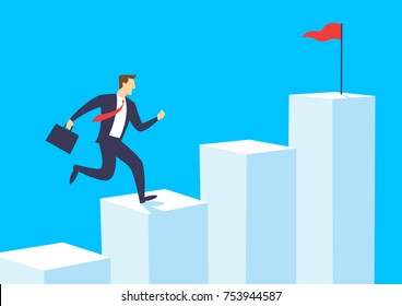 Businessman running on bar chart, Employee climb up to the top of the graph, Business concept growth and the path to success, Flat design vector illustration