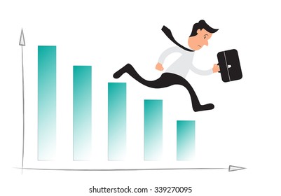 Businessman running on bar graphs as business decrease concept. Vector illustration