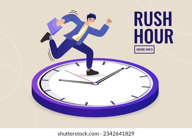 businessman running on big clock face. Rush hour and dead line concept. Time management. Organization of process. tasks planning training activities schedule. Vector illustration flat design.