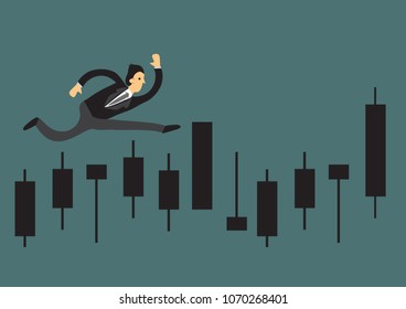 Businessman running for on a business graph. Concept for growth and achievement. Business vector illustration.