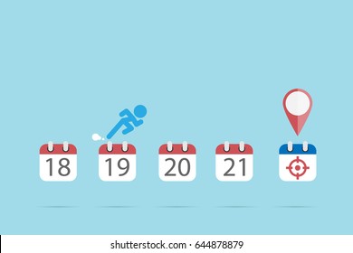 businessman is running on calendar symbols to the target icon. Time and business concept