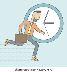 Businessman running on clock background. Vector line design illustration. Square layout.