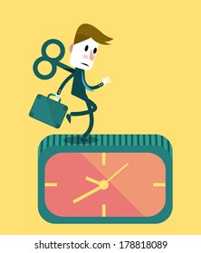 Businessman running on the clock. Business and Social crisis concept. Vector