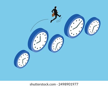 Businessman running on clock representing deadline 3d isometric vector illustration