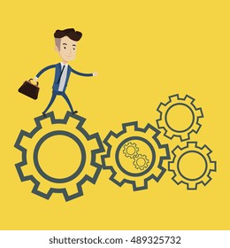Businessman running on cogwheels. Happy businessman running to success. Businessman in a hurry. Concept of moving to success and stress in business. Vector flat design illustration. Square layout.