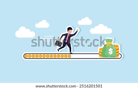 A businessman running on a coin loading bar towards a pile of coins and money bags, illustration of Step by step, a businessman collects profits to achieve greater gains