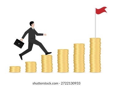 Hombre de negocios corriendo en la pila de monedas para obtener la bandera de la victoria. Éxito empresarial o concepto de logro de objetivos. Ilustración vectorial.