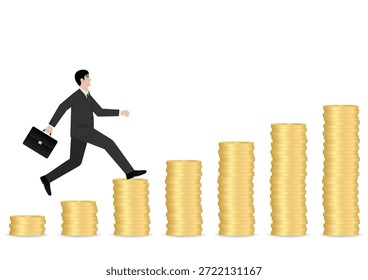 Hombre de negocios corriendo en la pila de monedas. Éxito empresarial o concepto de logro de objetivos. Ilustración vectorial.