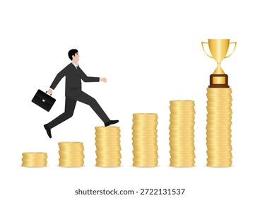 Hombre de negocios corriendo en la pila de monedas para obtener Trofeo. Éxito empresarial o concepto de logro de objetivos. Ilustración vectorial.