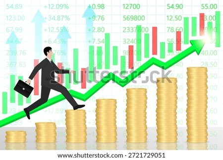 Businessman running on Coin Stack to reach peak of the Graph. Business Success or Goal Achievement Concept. Vector Illustration.